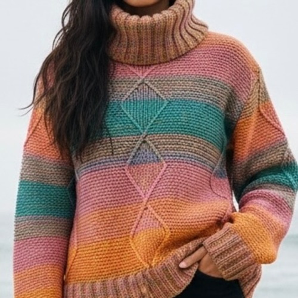 Turtleneck Sweater Multicolor Striped Diamond Cable Knit Womens S Cozy Retro Y2K
